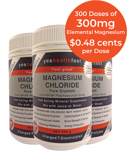 3 bottles of pharmaceutical grade oral magnesium chloride crystals gives a 300 day supply at 300mg per day of elemental magnesium is only 48cents per dose