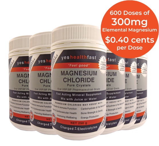 6 bottles of pharmaceutical grade oral magnesium chloride crystals gives a 100 day supply at 600mg per day of elemental magnesium is only 40 cents per dose